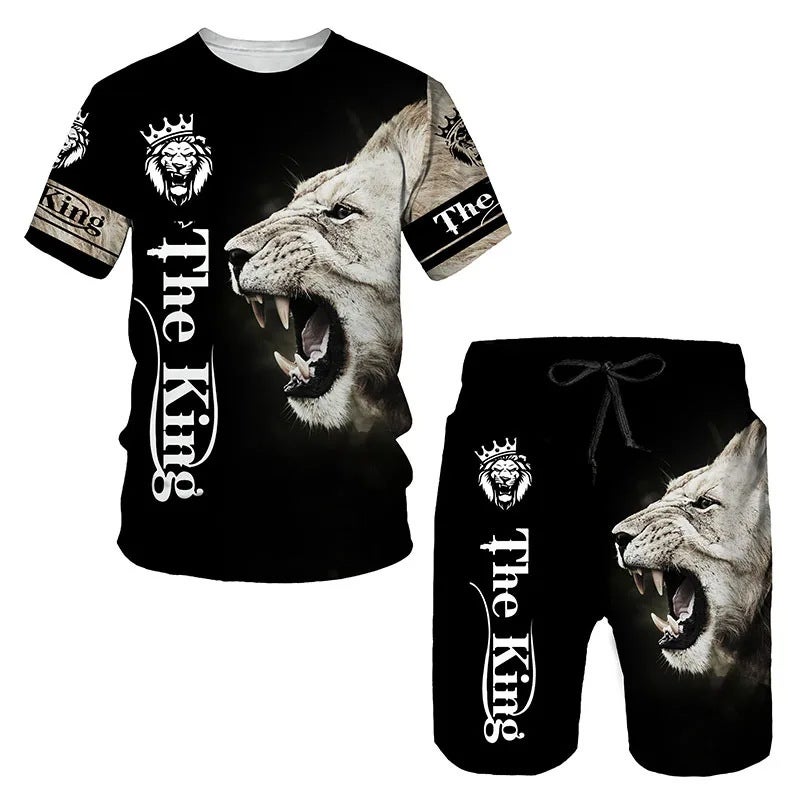 2024 Temu Summer New 3D Printing Men'S Casual Lion Suit Short Sleeve Short Pants Cover - Image 2